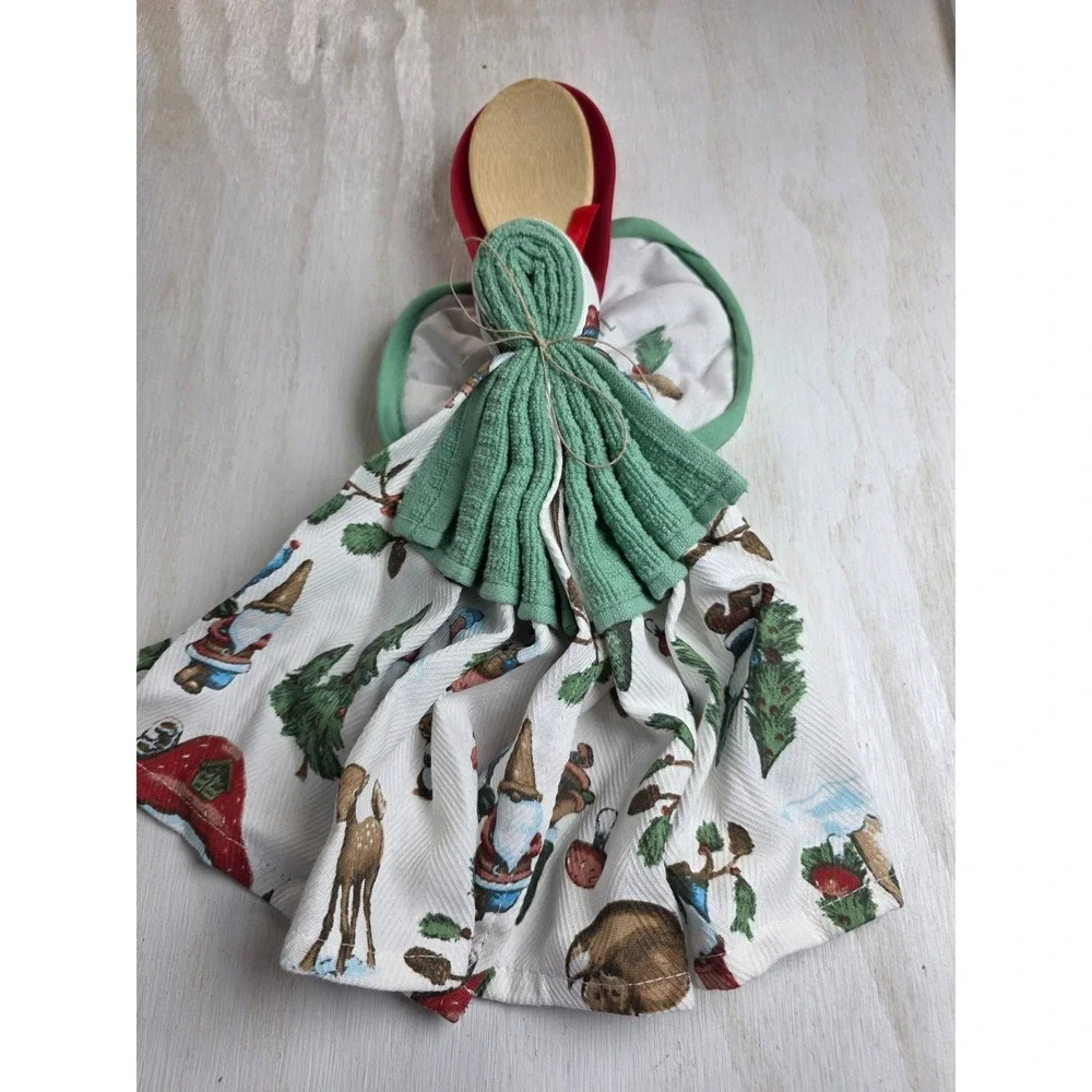 Christmas Kitchen Angel Gnome Tea Towel Pot Holder Spatula Wooden Spoon Gift Set
